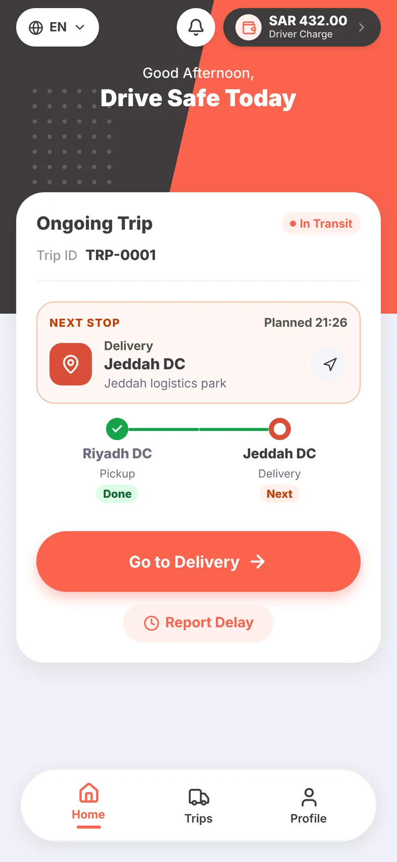 Driver app home with the trip in progress