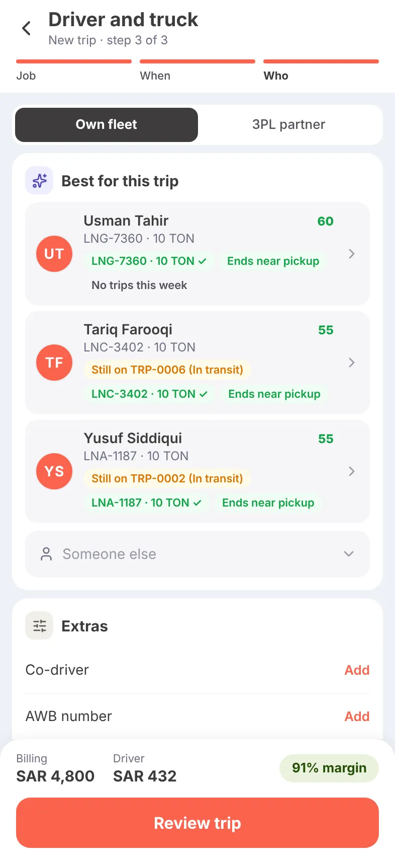 Operator app: suggested drivers for a new trip